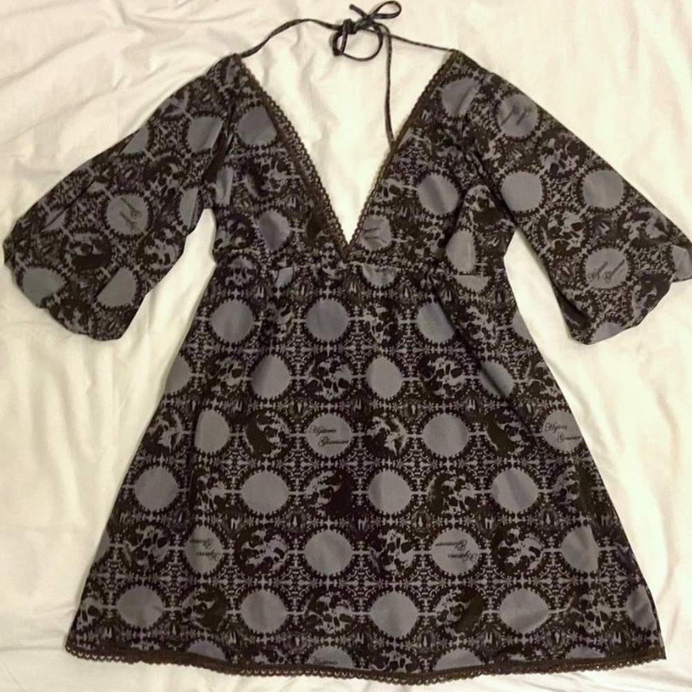hysteric glamour gray black goth print dress/tunic top with deep v